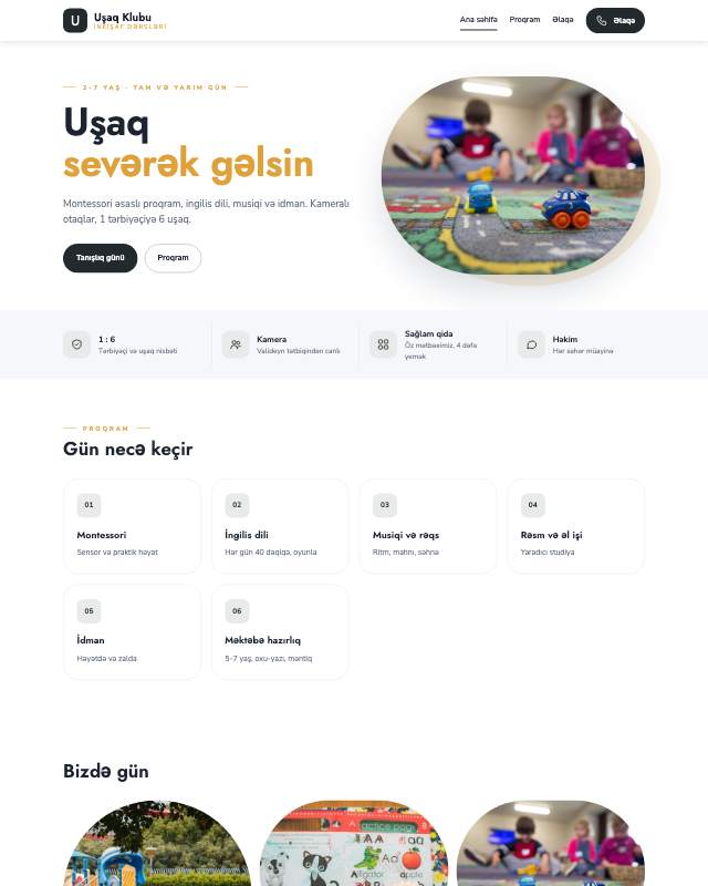 Uşaq mərkəzi · Kart veb sayt şablonunun ekran görüntüsü
