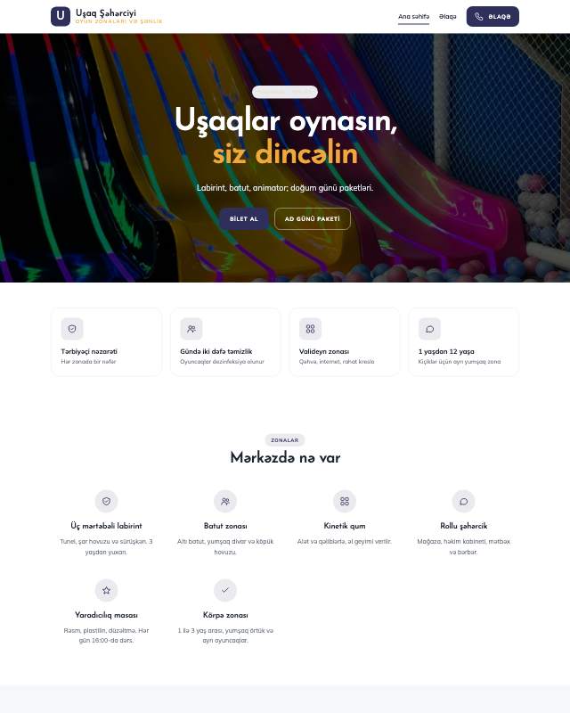 Uşaq əyləncə mərkəzi · Rəngli veb sayt şablonunun ekran görüntüsü