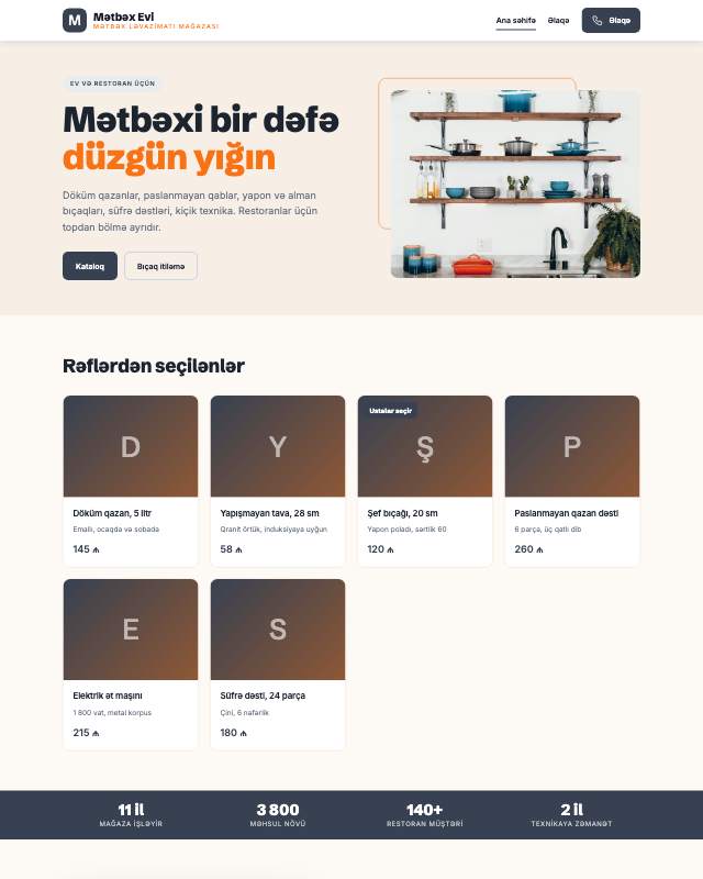 Mətbəx ləvazimatı mağazası üçün veb sayt şablonunun ekran görüntüsü