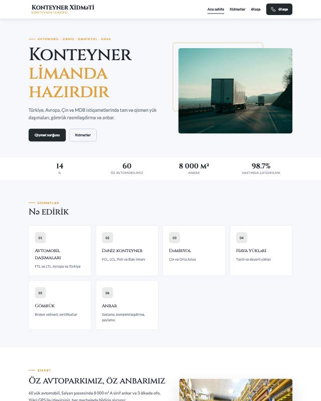 Konteyner xidməti üçün veb sayt şablonunun ekran görüntüsü