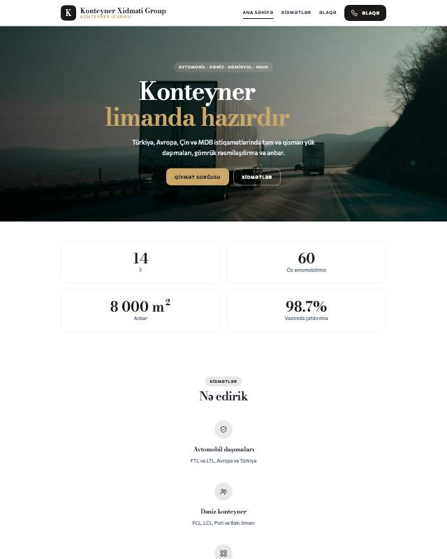 Konteyner xidməti · Premium veb sayt şablonunun ekran görüntüsü