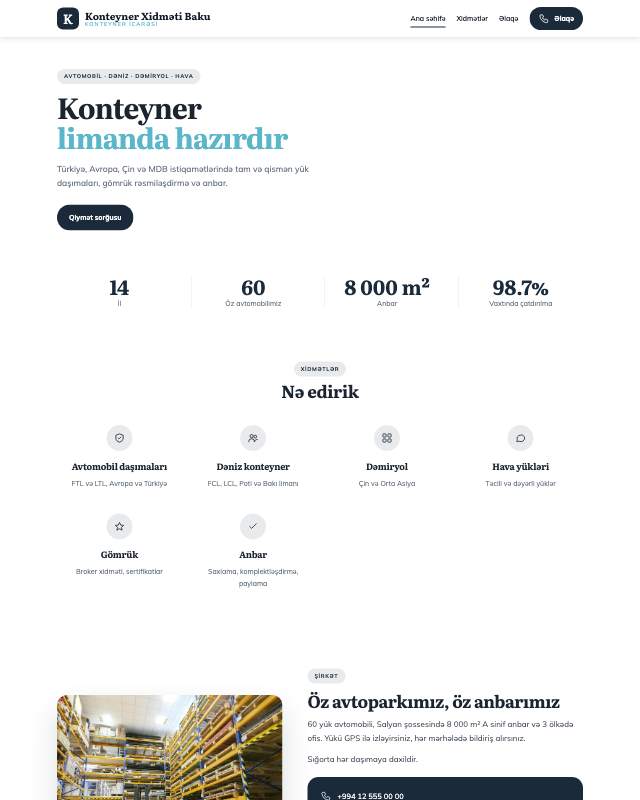 Konteyner xidməti · Geniş veb sayt şablonunun ekran görüntüsü