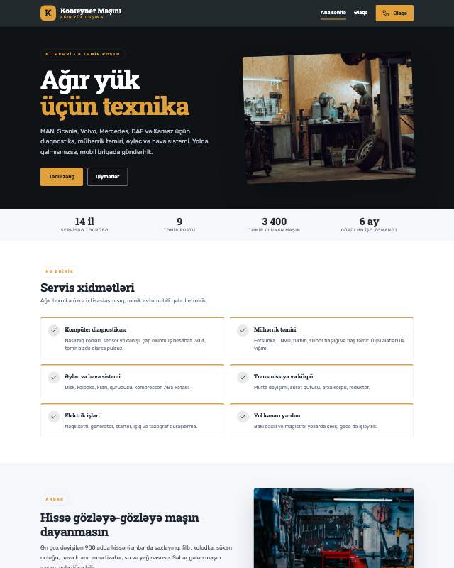 Ağır yük daşıma xidməti üçün veb sayt şablonunun ekran görüntüsü