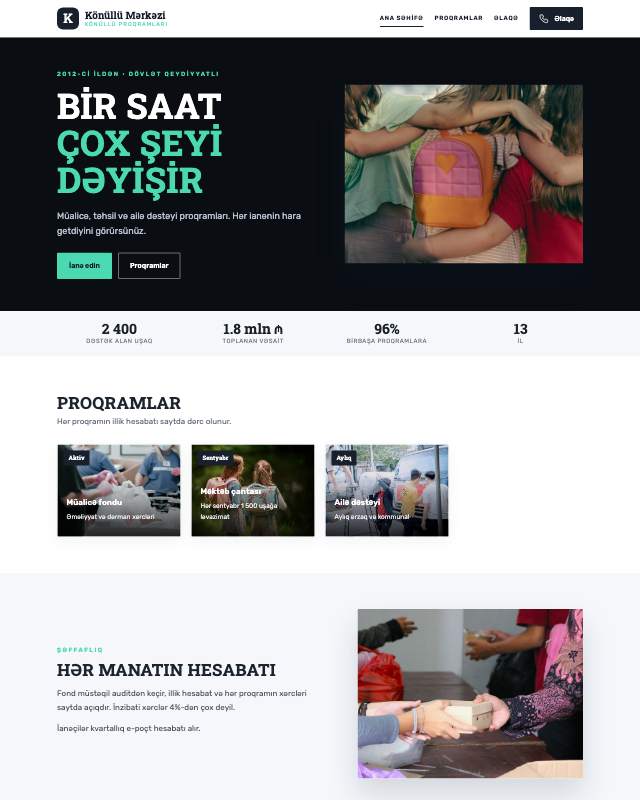 Könüllü mərkəzi üçün veb sayt şablonunun ekran görüntüsü