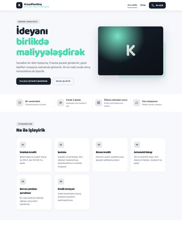 Kraudfandinq platforması sayt dizaynının ekran görüntüsü