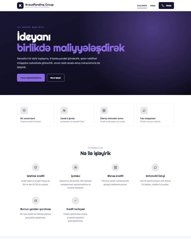 Kraudfandinq platforması · Gradient sayt dizaynının ekran görüntüsü