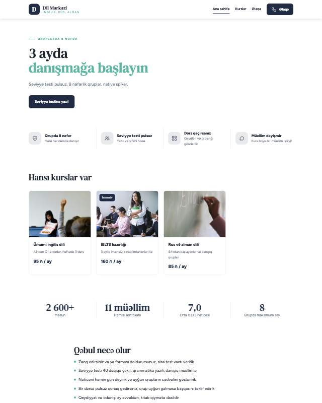 Dil kursları üçün veb sayt şablonu «Danış»: ekran görüntüsü