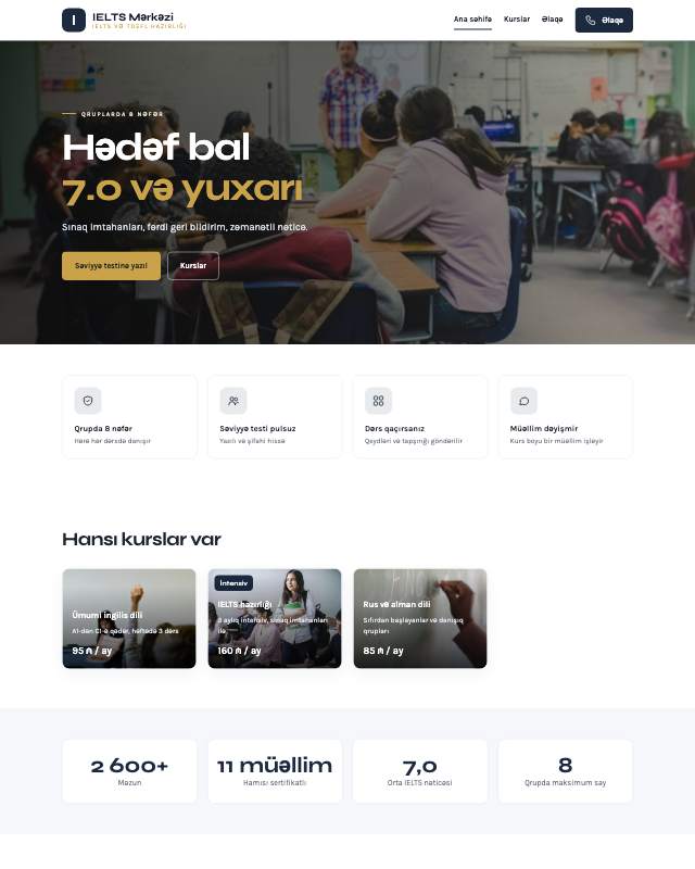 Dil kursları · İmtahan veb sayt şablonunun ekran görüntüsü
