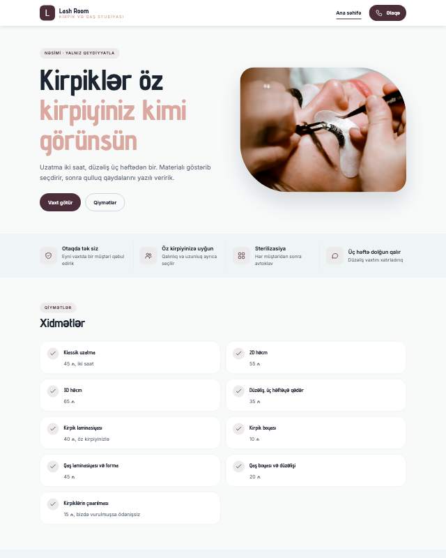 Kirpik studiyası sayt dizaynının ekran görüntüsü