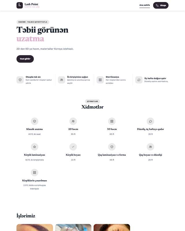 Kirpik studiyası · Minimal sayt dizaynının ekran görüntüsü