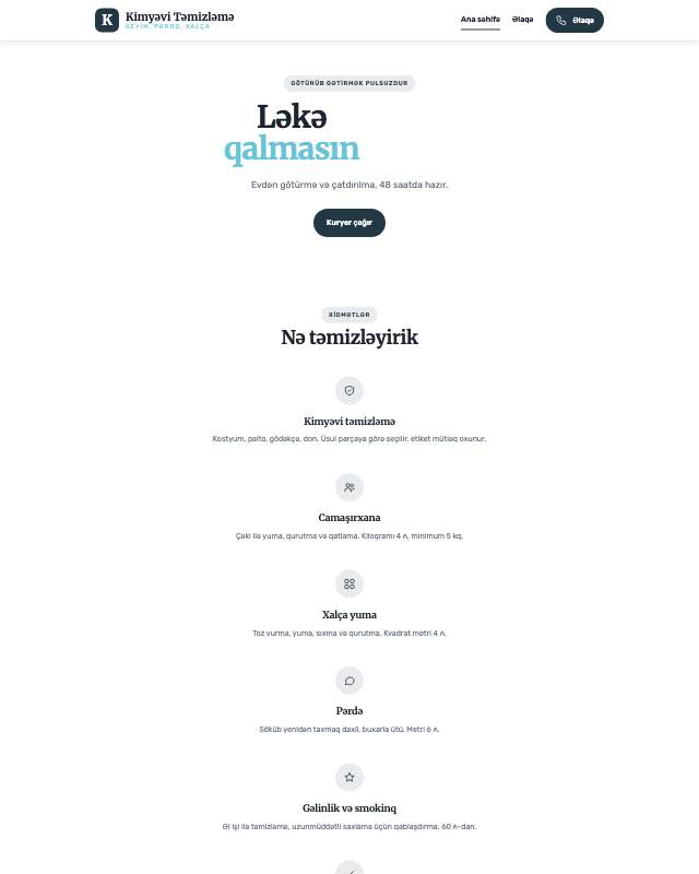Kimyəvi təmizləmə · Ağ veb sayt şablonunun ekran görüntüsü