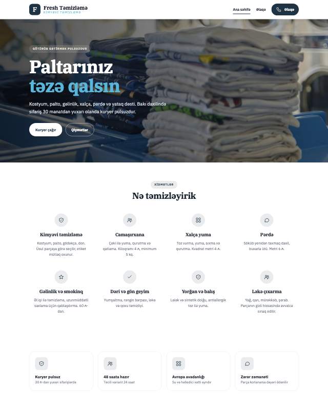 Kimyəvi təmizləmə · Təmiz sayt dizaynının ekran görüntüsü