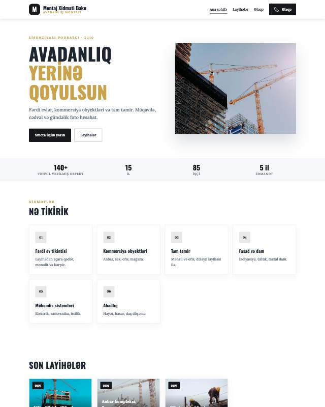 Avadanlıq montajı · Tünd veb sayt şablonunun ekran görüntüsü