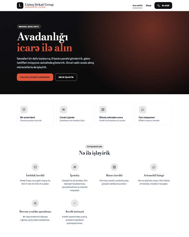 Lizinq xidməti · Kontrast sayt dizaynının ekran görüntüsü
