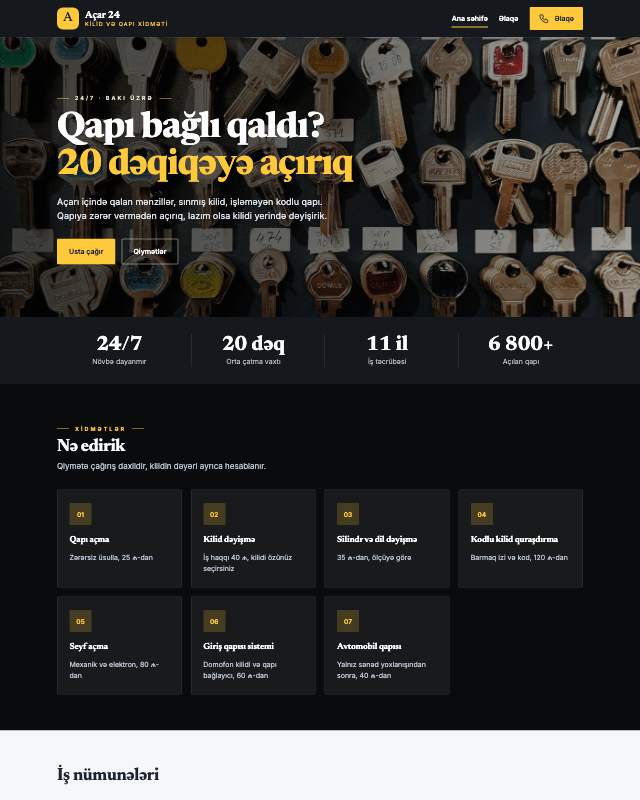 Açar ustası üçün veb sayt şablonunun ekran görüntüsü