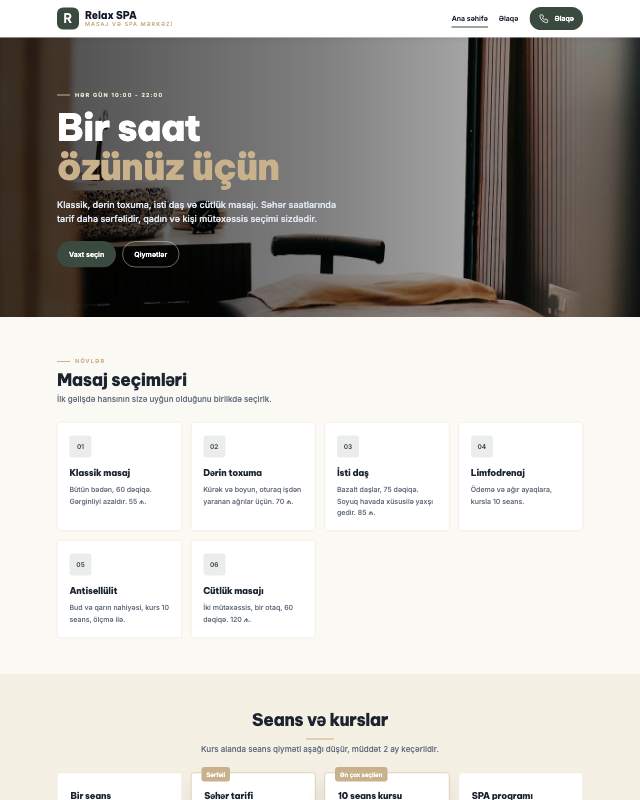 Masaj və SPA salonu üçün veb sayt şablonunun ekran görüntüsü