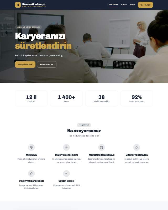 Biznes məktəbi · Karyera veb sayt şablonunun ekran görüntüsü
