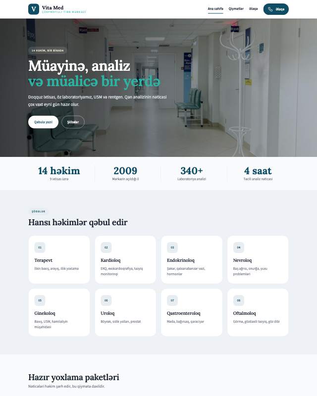 Tibb mərkəzi sayt dizaynının ekran görüntüsü