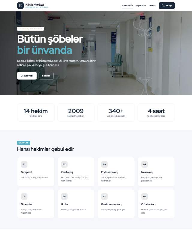 Çoxprofilli tibb mərkəzi üçün veb sayt şablonu «Şöbələr»: ekran görüntüsü