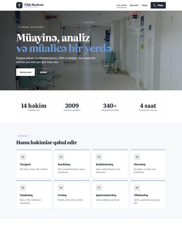Tibb mərkəzi · Sadə sayt dizaynının ekran görüntüsü