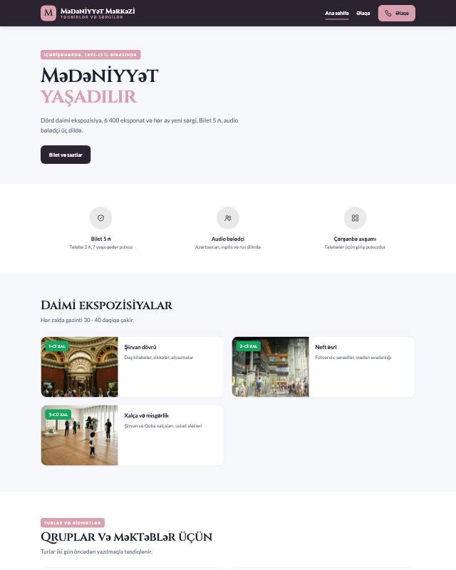 Mədəniyyət mərkəzi üçün veb sayt şablonunun ekran görüntüsü