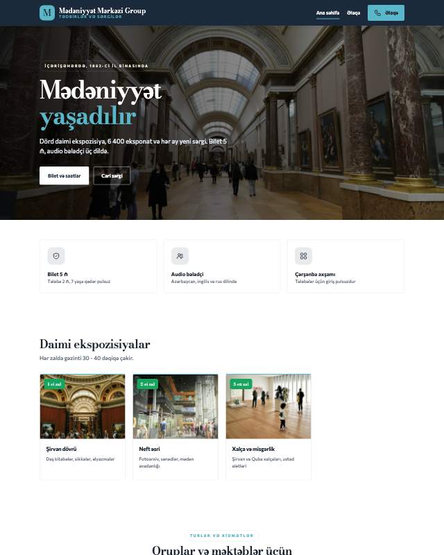 Mədəniyyət mərkəzi · Geniş sayt dizaynının ekran görüntüsü