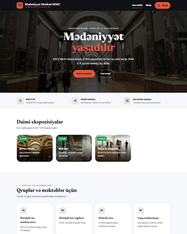 Mədəniyyət mərkəzi · Kontrast veb sayt şablonunun ekran görüntüsü