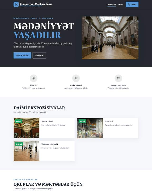 Mədəniyyət mərkəzi · Minimal veb sayt şablonunun ekran görüntüsü