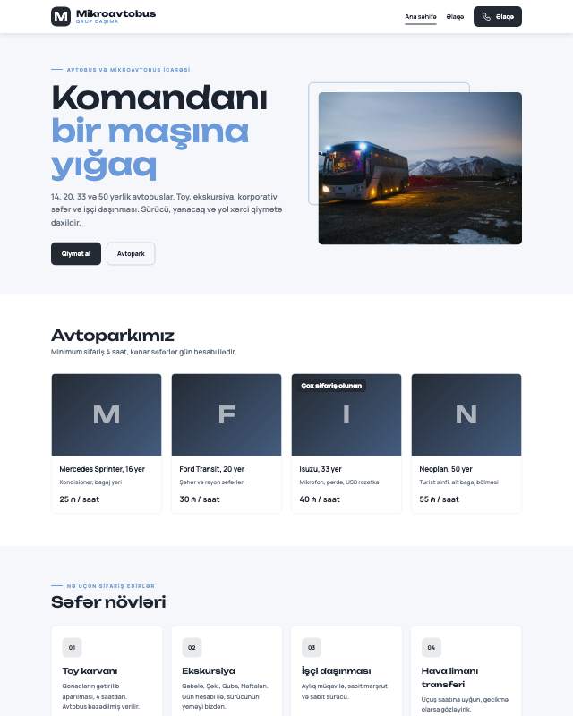 Mikroavtobus icarəsi veb sayt şablonunun ekran görüntüsü