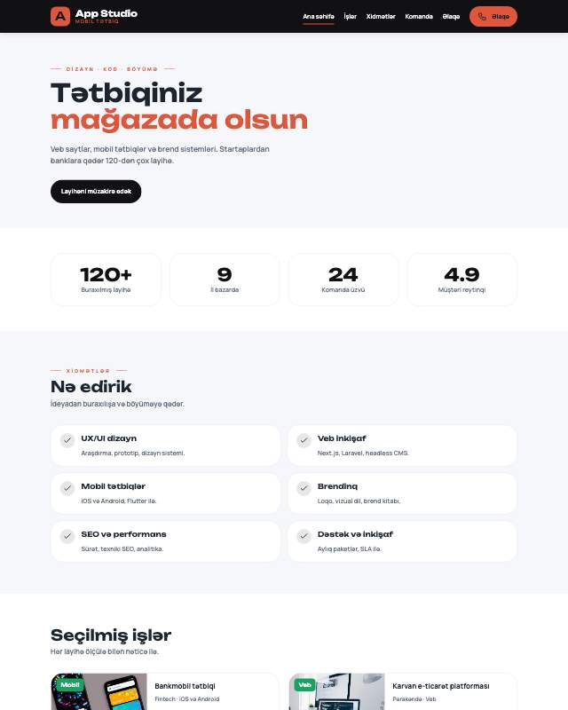 Mobil tətbiq studiyası sayt dizaynının ekran görüntüsü