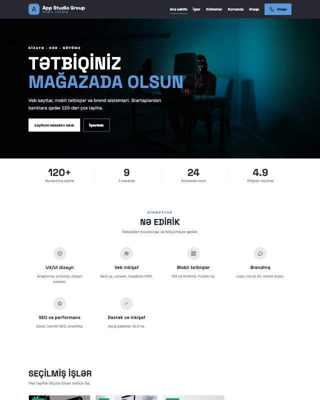 Mobil tətbiq studiyası · Minimal veb sayt şablonunun ekran görüntüsü