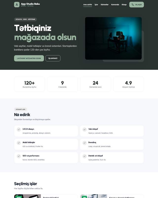 Mobil tətbiq studiyası · Sakit sayt dizaynının ekran görüntüsü