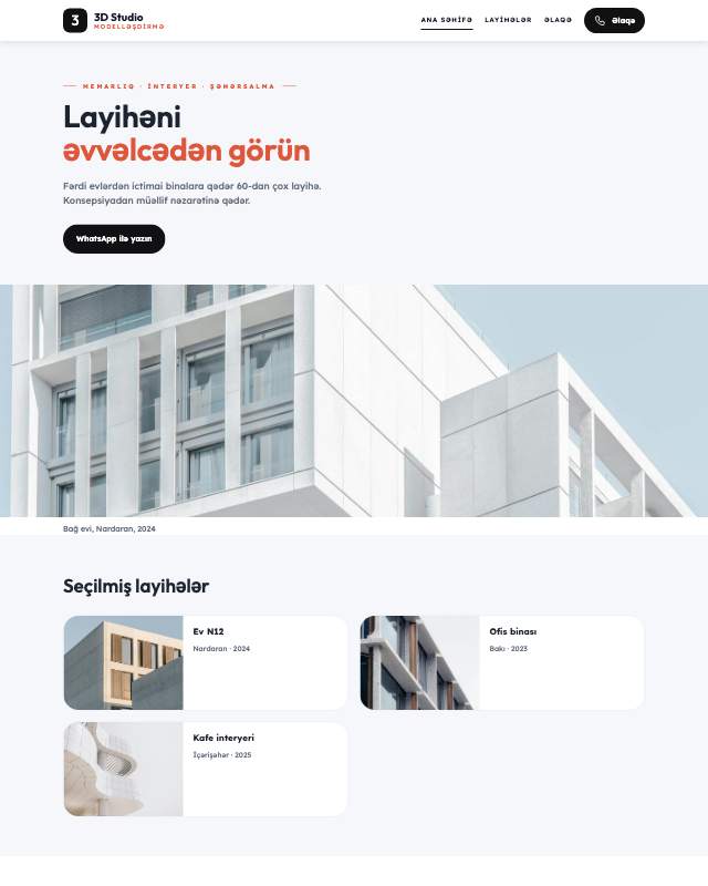 3D modelləşdirmə veb sayt şablonunun ekran görüntüsü