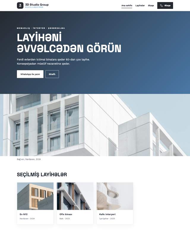3D modelləşdirmə xidməti üçün veb sayt şablonu «Minimal»: ekran görüntüsü