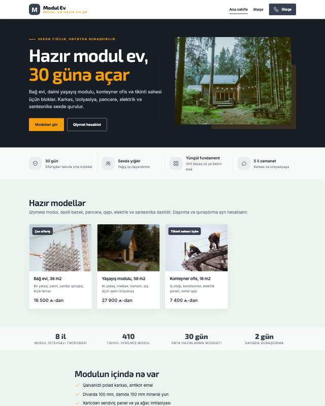 Modul evlər sayt dizaynının ekran görüntüsü