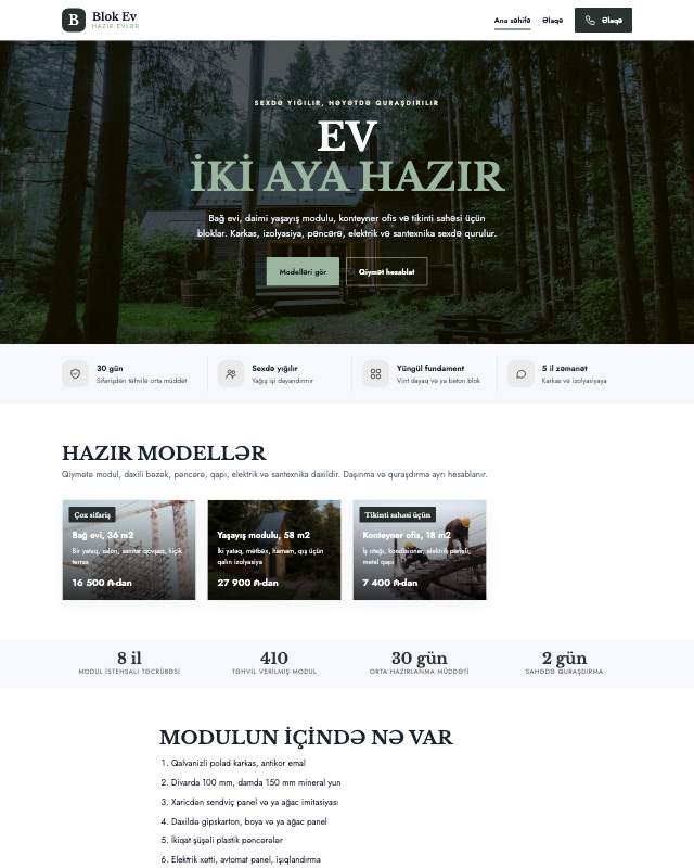 Modul ev şirkəti üçün veb sayt şablonu «Sakit»: ekran görüntüsü