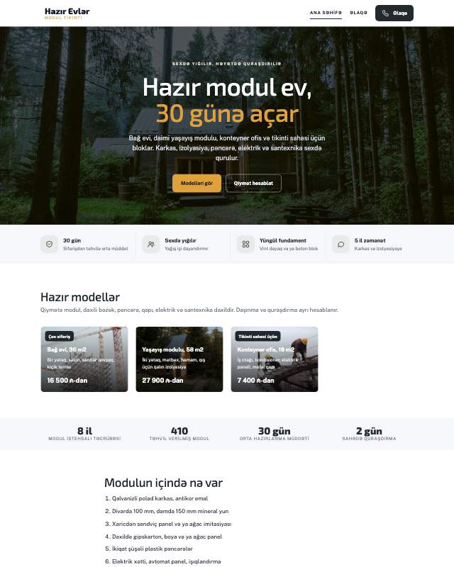 Modul evlər · Kart veb sayt şablonunun ekran görüntüsü
