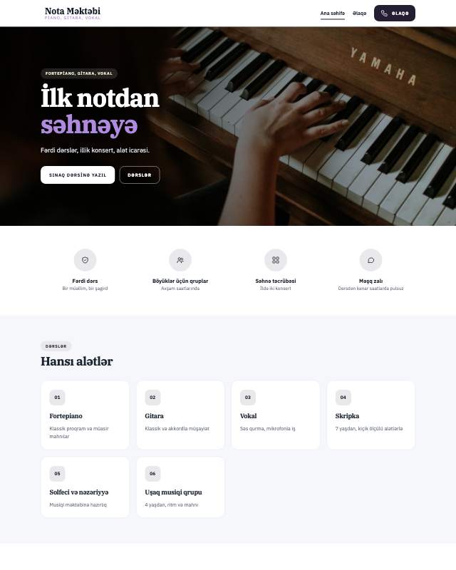 Musiqi məktəbi · Nota veb sayt şablonunun ekran görüntüsü