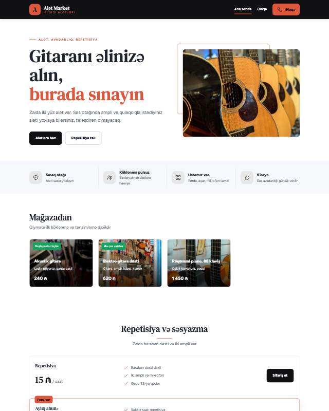 Musiqi alətləri mağazası üçün veb sayt şablonu «Kontrast»: ekran görüntüsü
