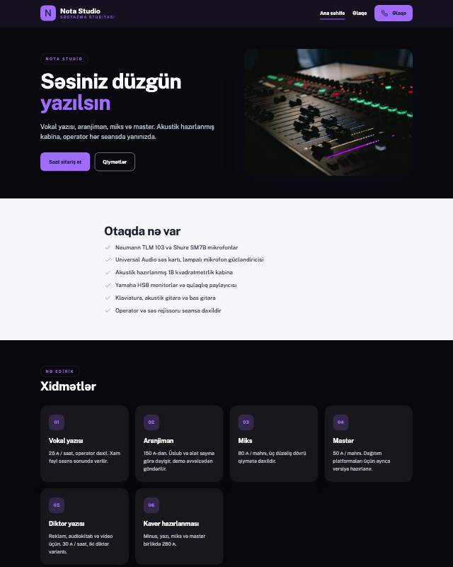 Səsyazma studiyası sayt dizaynının ekran görüntüsü