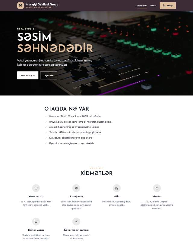 Musiqiçi səhifəsi · Zərif veb sayt şablonunun ekran görüntüsü