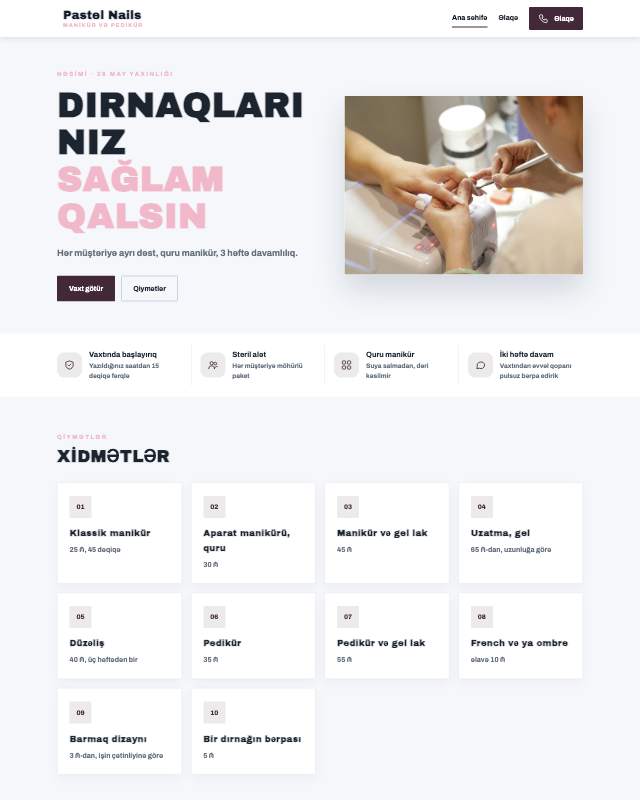 Dırnaq studiyası · Zərif sayt dizaynının ekran görüntüsü