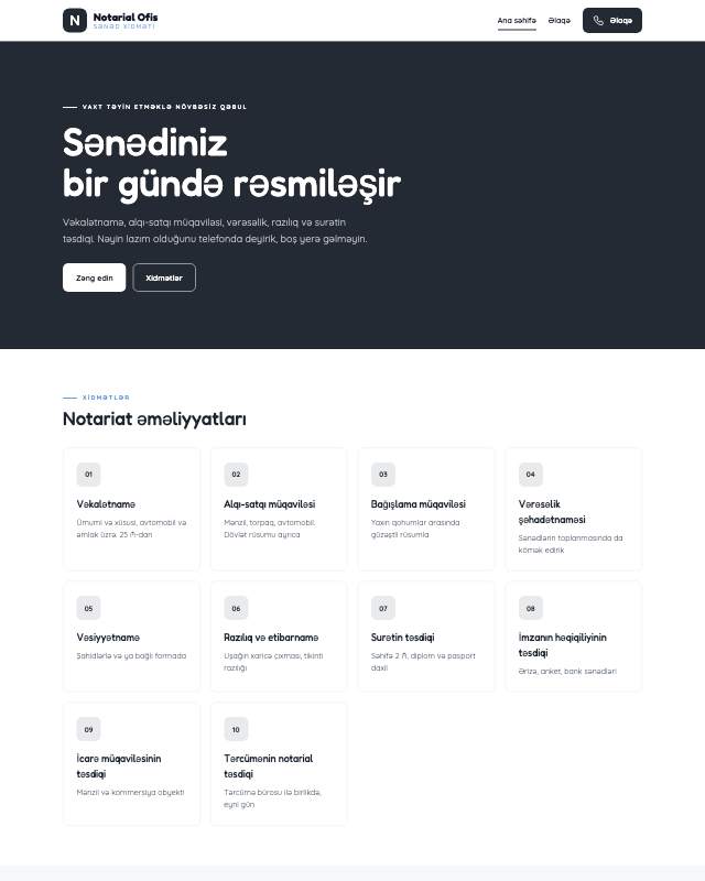 Notarius bürosu · Sadə sayt dizaynının ekran görüntüsü