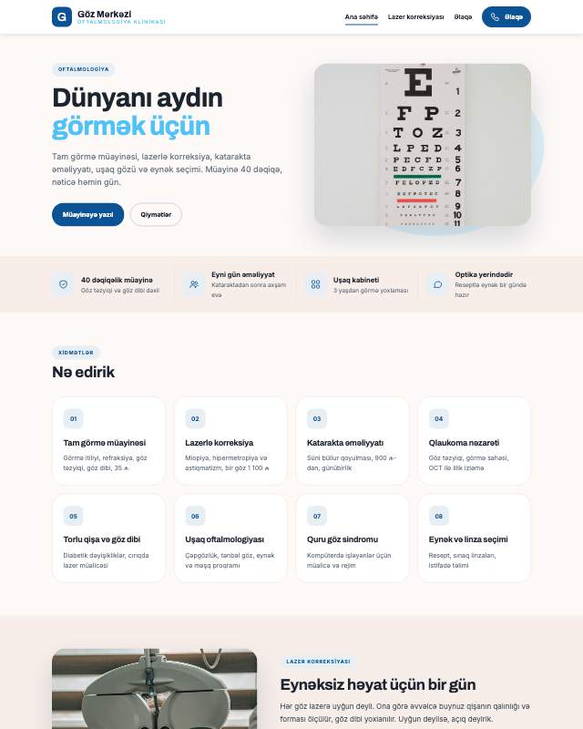 Göz klinikası üçün veb sayt şablonunun ekran görüntüsü