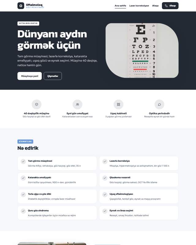 Göz klinikası · Sadə sayt dizaynının ekran görüntüsü