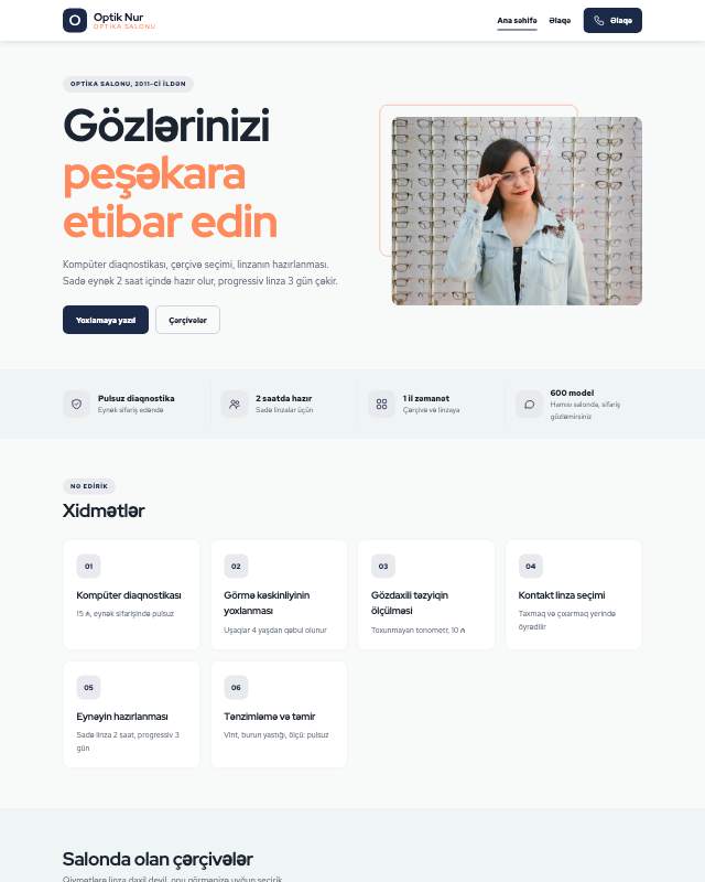 Optika salonu üçün veb sayt şablonunun ekran görüntüsü