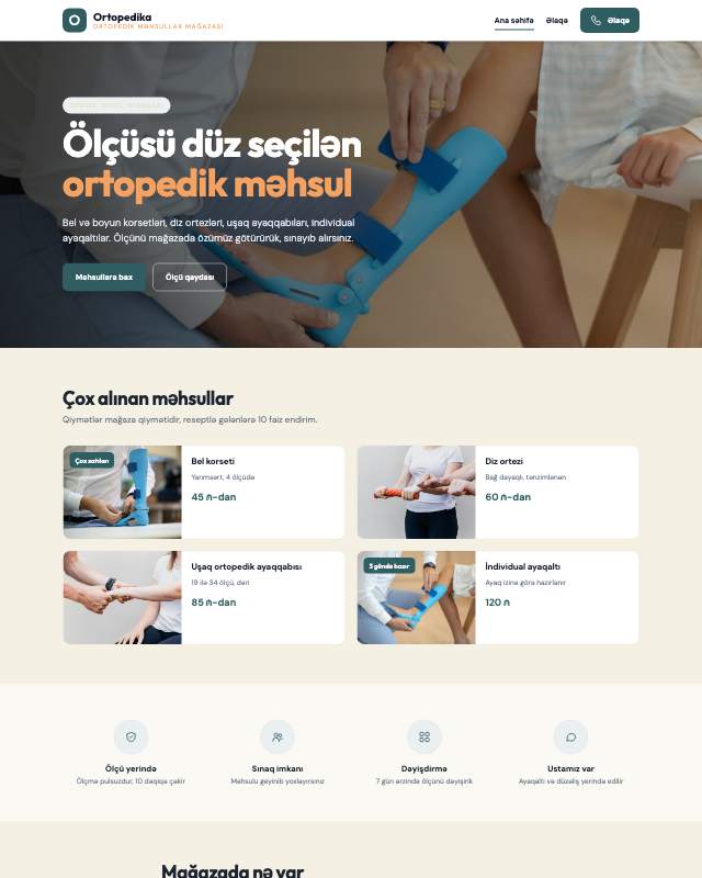 Ortopedik məhsullar mağazası üçün veb sayt şablonunun ekran görüntüsü