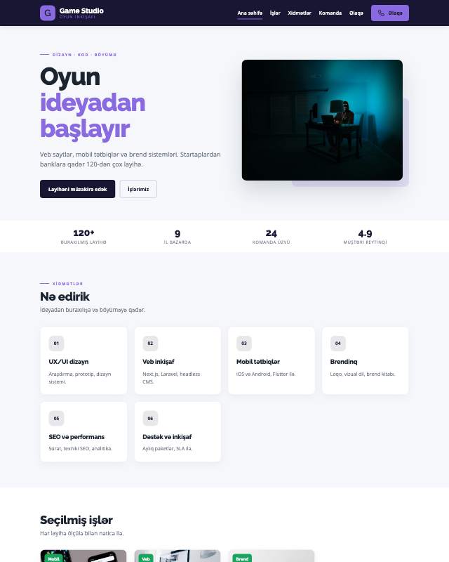 Oyun studiyası veb sayt şablonunun ekran görüntüsü