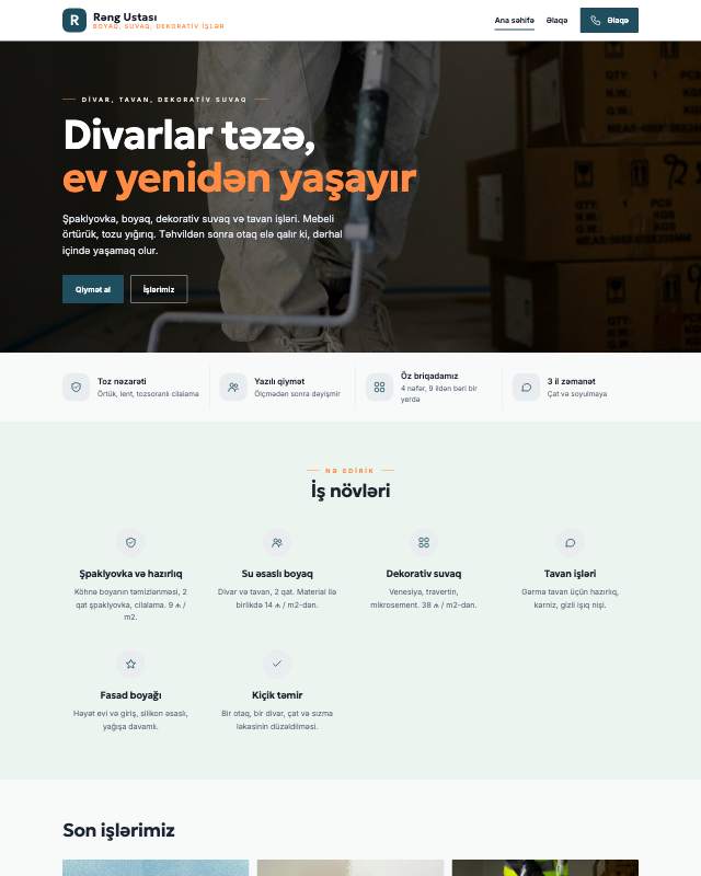 Boyaq və suvaq xidməti üçün veb sayt şablonunun ekran görüntüsü
