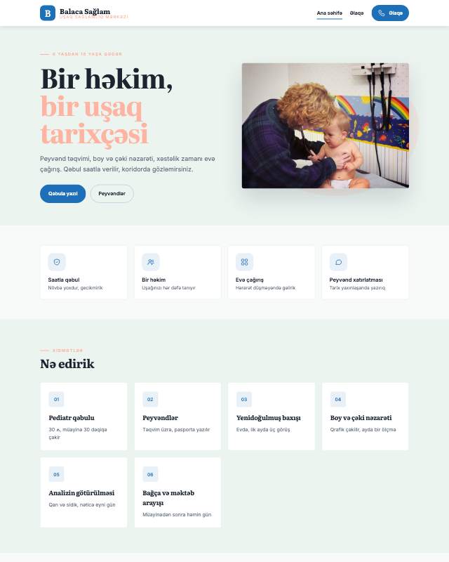 Uşaq həkimi sayt dizaynının ekran görüntüsü